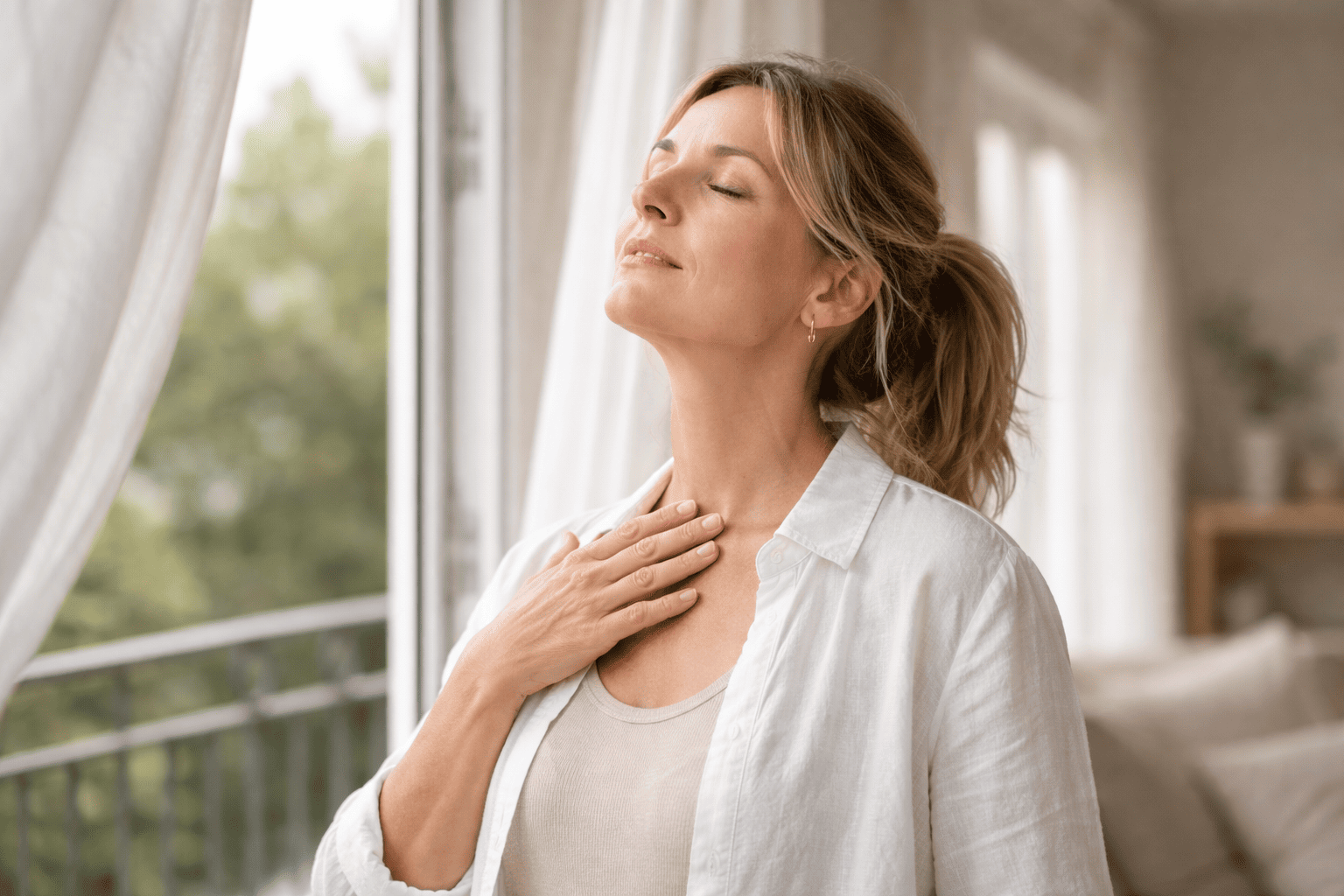 Femme ouvrant la fenêtre pour se rafraîchir lors d’une bouffée de chaleur liée à la ménopause
