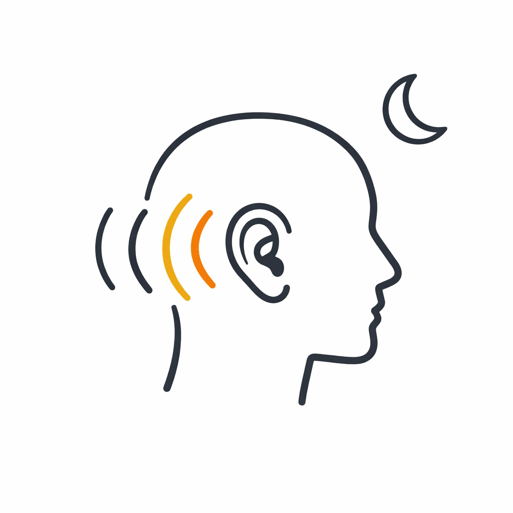 Illustration vectorielle des acouphènes : ondes sonores près de l’oreille, gêne au calme et la nuit.