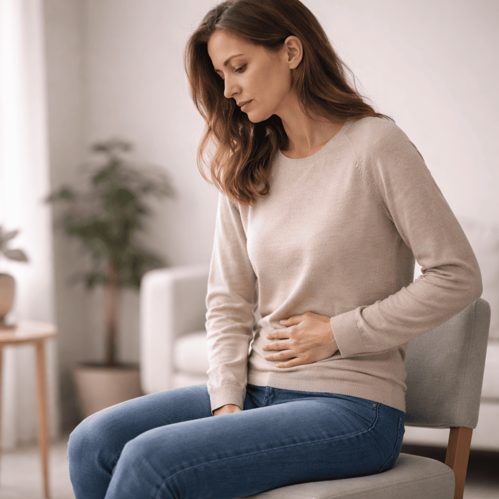 Ballonnements : femme assise avec ventre tendu et douleurs abdominales légères.