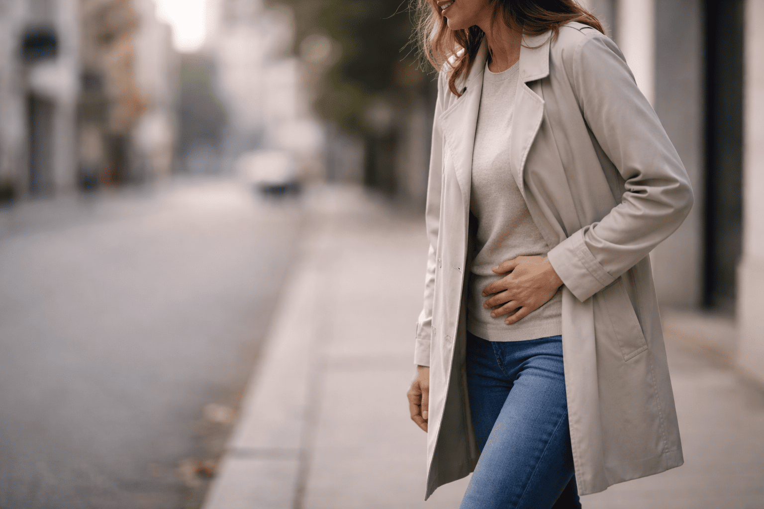 Ballonnements et transit instable : personne en extérieur avec inconfort abdominal discret.