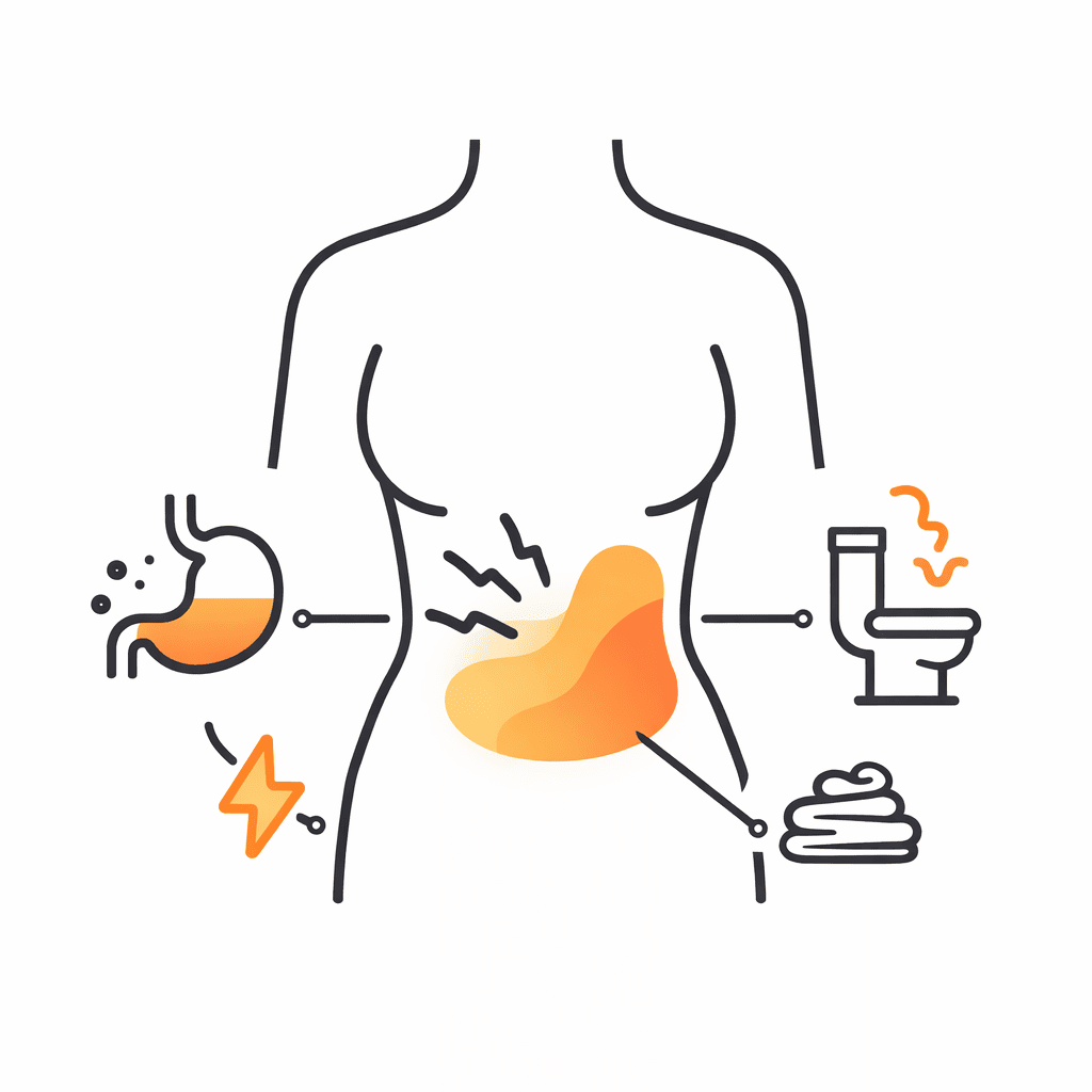Ballonnements, crampes et transit irrégulier : illustration minimaliste des troubles digestifs.