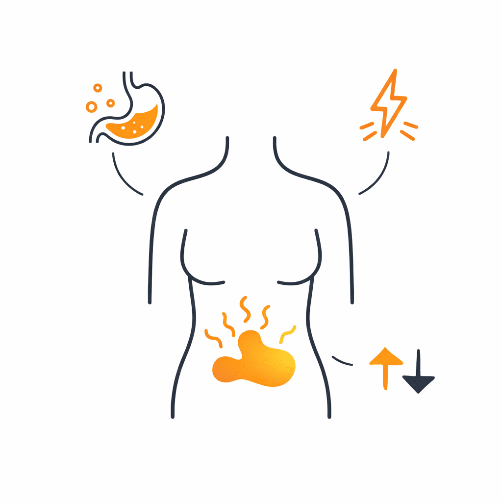 Syndrome de l’intestin irritable (SII) : illustration des ballonnements, crampes et transit irrégulier.
