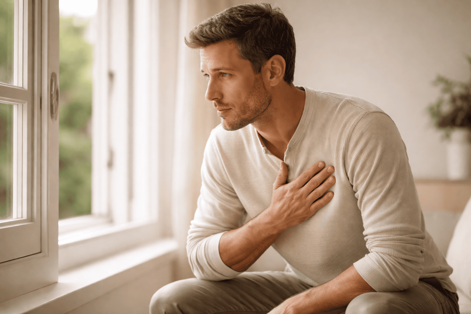 personne ressentant une respiration difficile près d'une fenêtre dans un intérieur lumineux