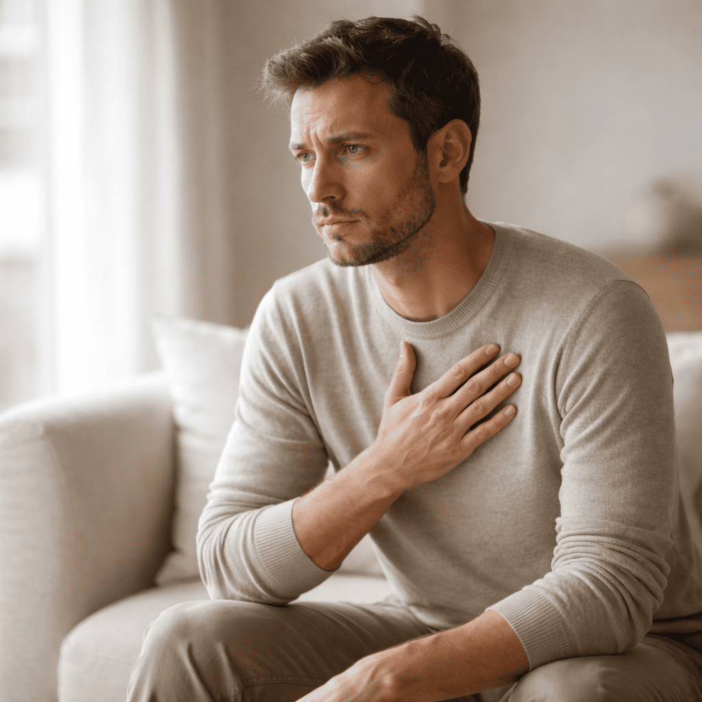 Crise d’angoisse : personne avec tension thoracique, palpitations et sensation d’oppression.