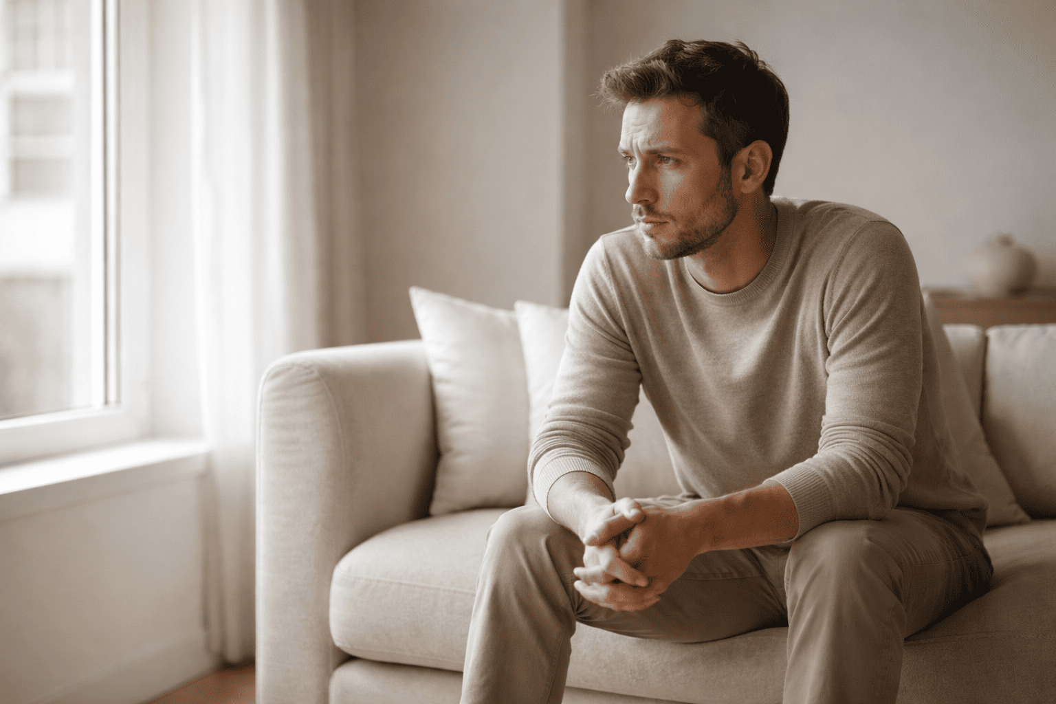 Crises d’angoisse : adulte tendu dans un intérieur calme, avec sensation d’oppression et de peur soudaine.