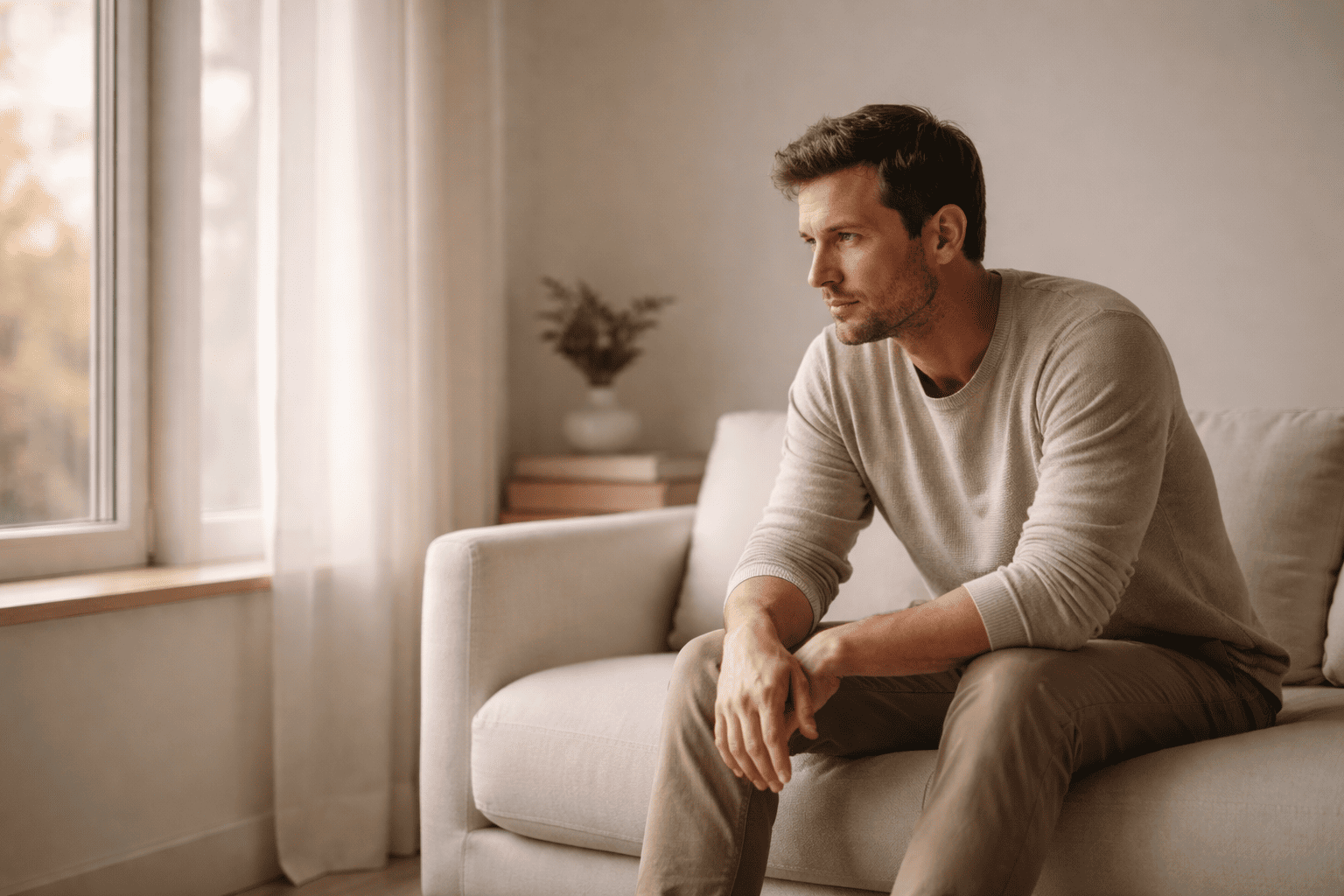 Fatigue chronique : adulte épuisé assis près d’une fenêtre dans un intérieur calme.