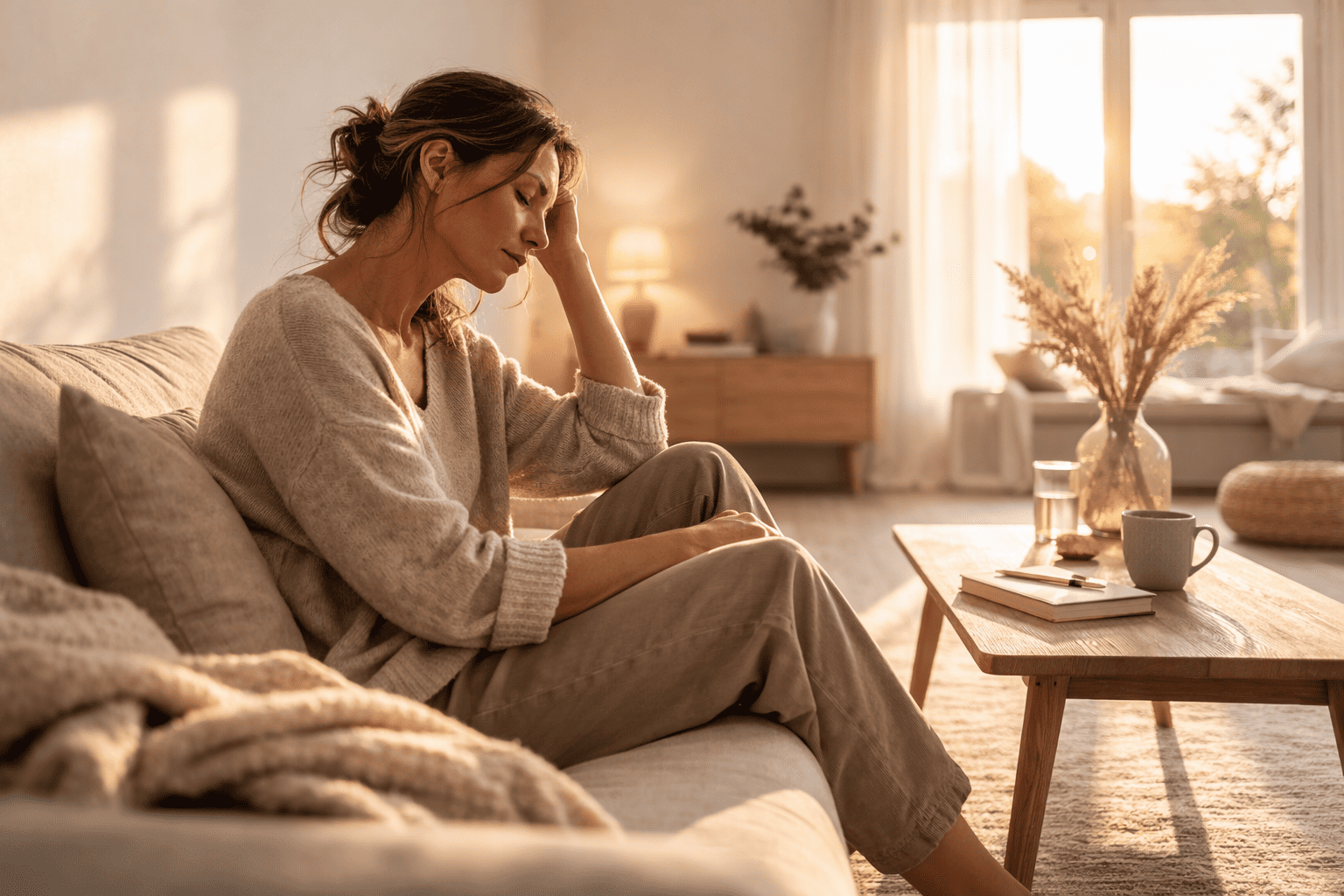 Fibromyalgie : femme fatiguée assise dans un intérieur calme, avec sensation d’épuisement diffus.