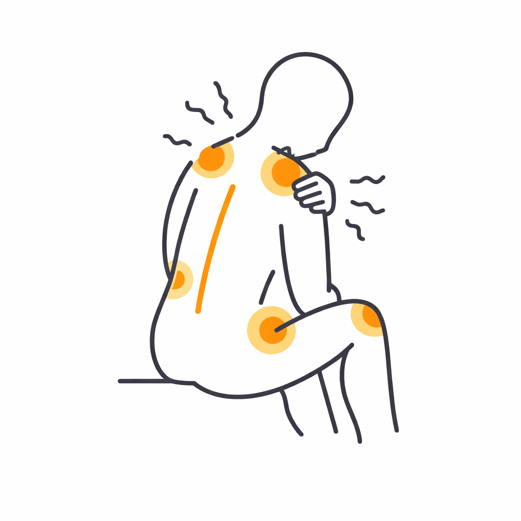 Illustration de la fibromyalgie : douleurs diffuses, fatigue et tensions dans tout le corps.